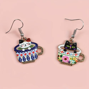 DANGLING CAT IN MUG EARRINGS (PAIR)