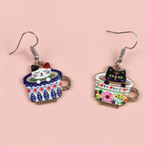 DANGLING CAT IN MUG EARRINGS (PAIR)