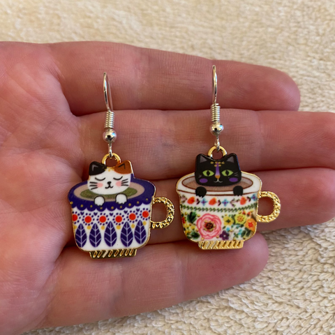 DANGLING CAT IN MUG EARRINGS (PAIR)
