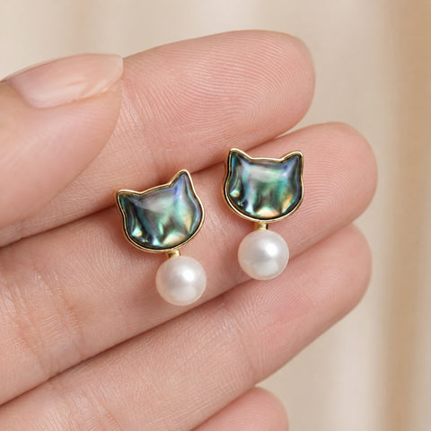 ABALONE CAT DANGLE EARRINGS (PAIR)