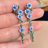 BLUE FLOWER CHAIN EARRINGS (PAIR)