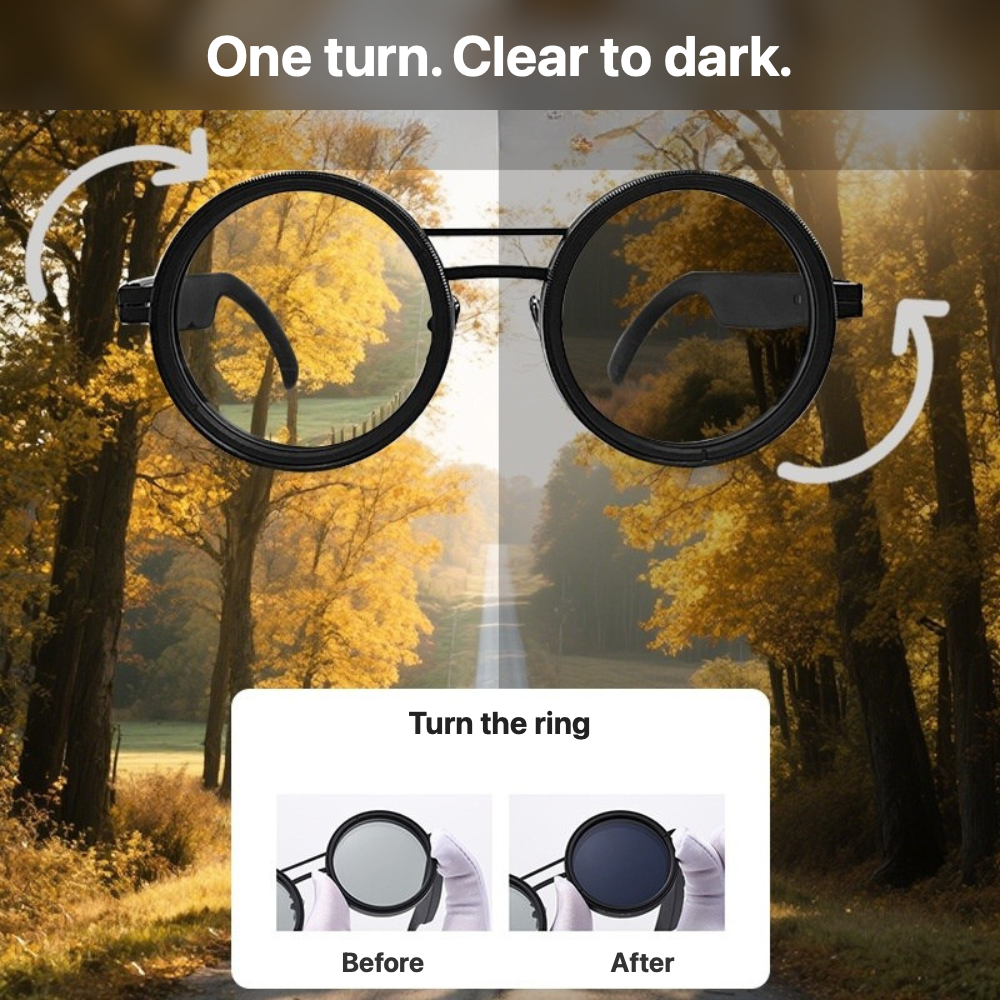 FlexVision sunglasses: one turn of the ring takes the lens from clear to dark, before and after