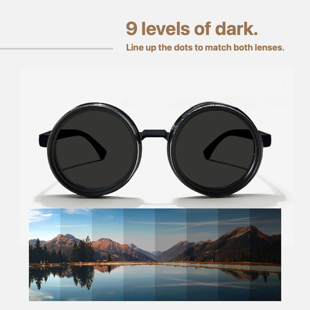 FlexVision sunglasses: 9 levels of tint. Line up the dots to match both lenses