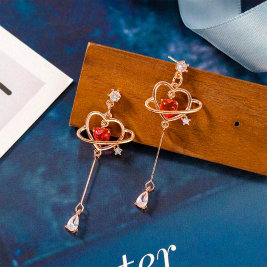 RED HEART THREADER EARRINGS (PAIR)