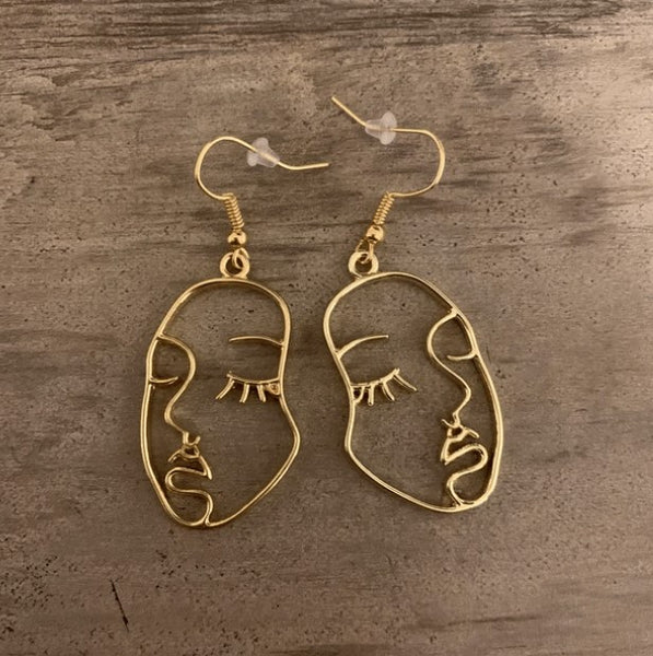 Abstract Human Face Earrings For Women | Asymmetrical Dangle Earrings | Vintage Lips Art Jewelry | Gold Plated