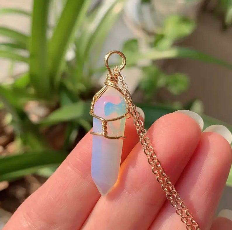 14kt gold and diamond opal quartz crystal bar necklace | Luna Skye